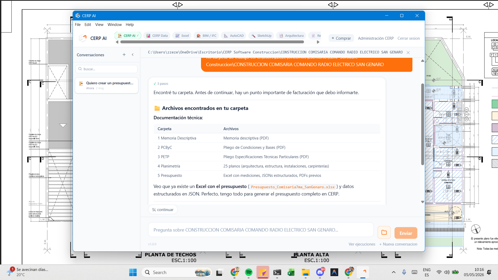 Captura de CERP IA analizando los archivos de un proyecto de obra